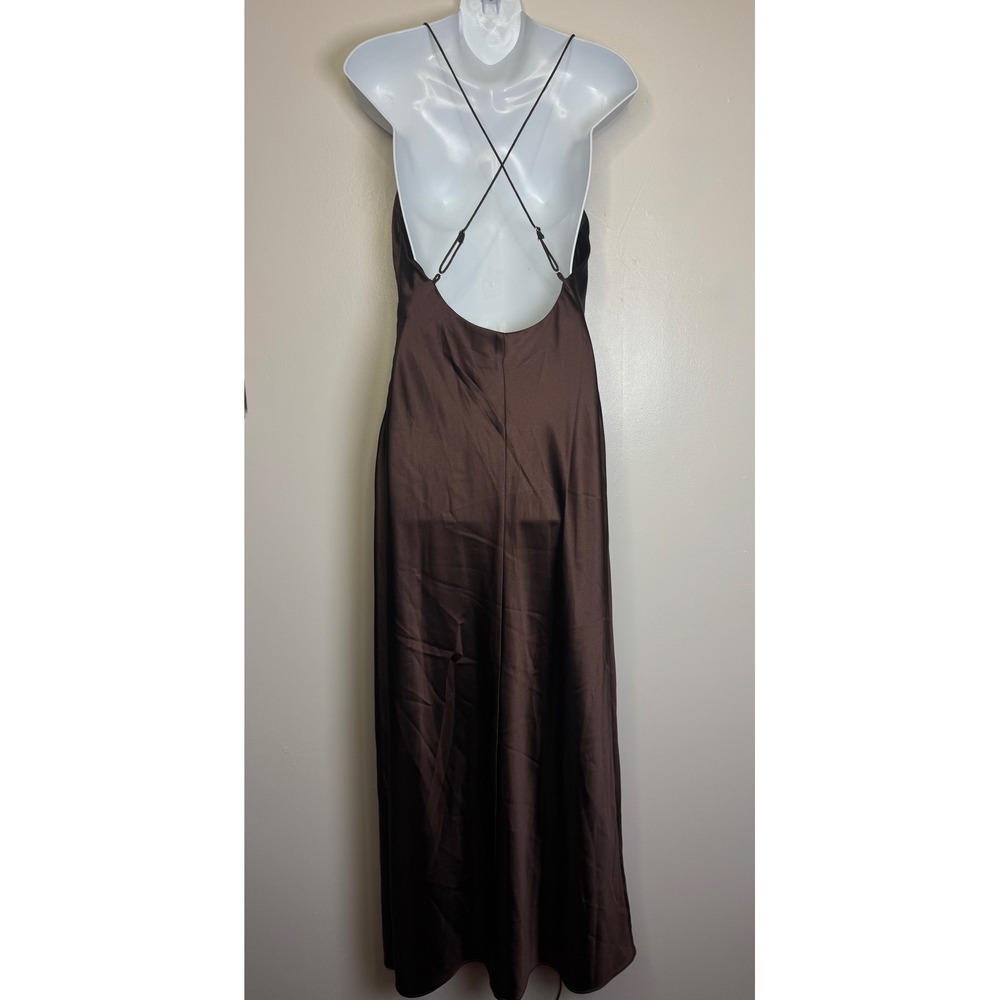 Line and Dot Brown Satin Cowl Neck Lace Slit Maxi Dress Small Open Back - Picture 8 of 12